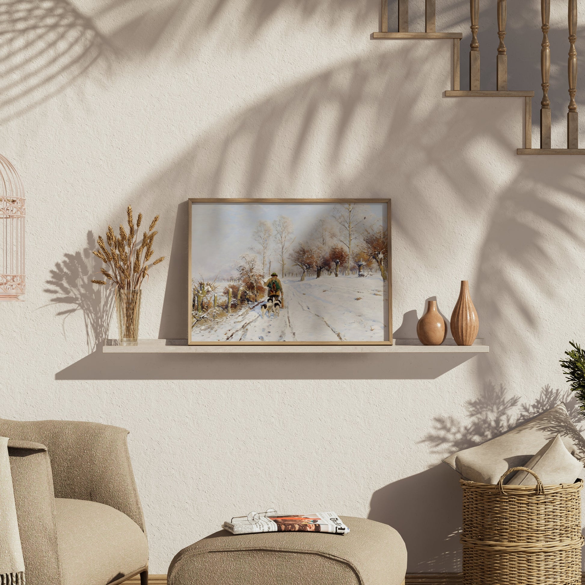 Premium Poster of Winter Landscape with Person and Dogs Posters