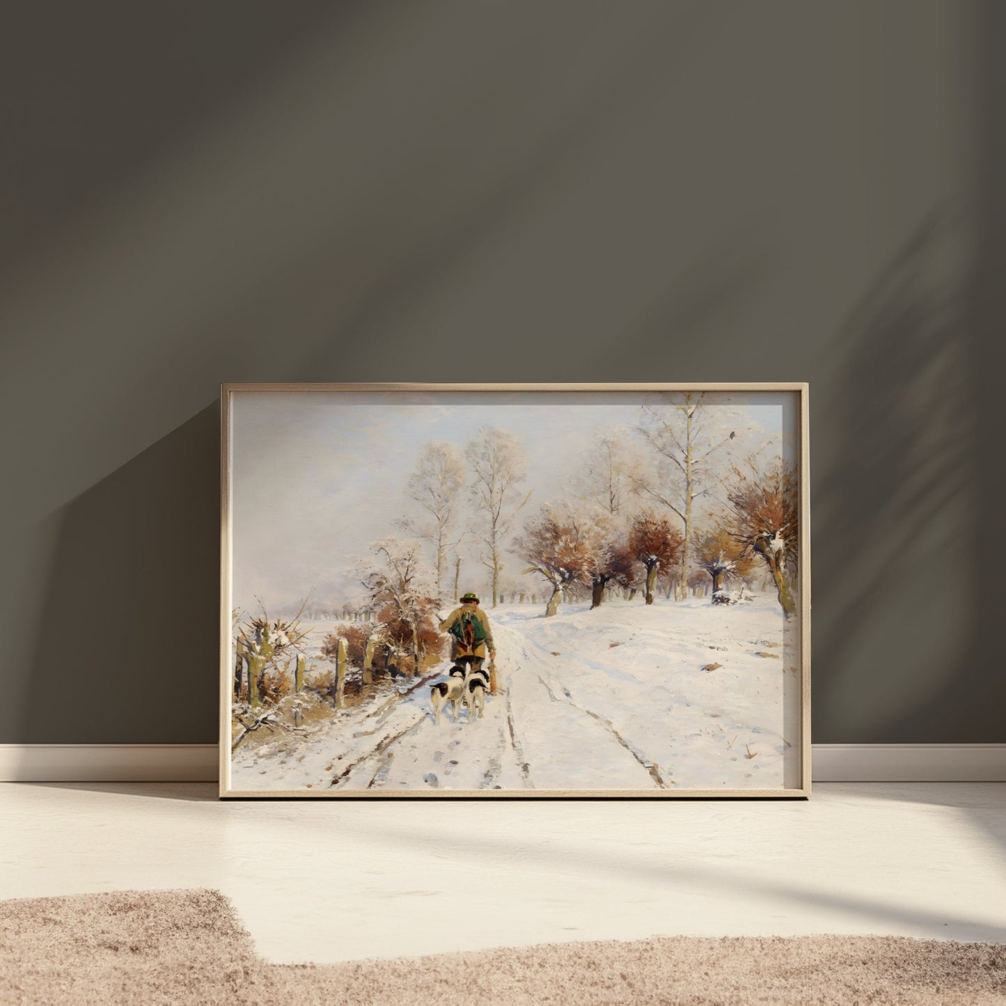 Premium Poster of Winter Landscape with Person and Dogs Posters