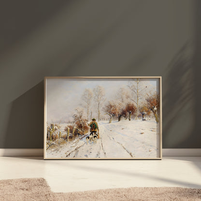 Premium Poster of Winter Landscape with Person and Dogs Posters