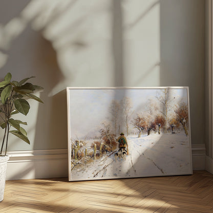 Premium Poster of Winter Landscape with Person and Dogs Posters
