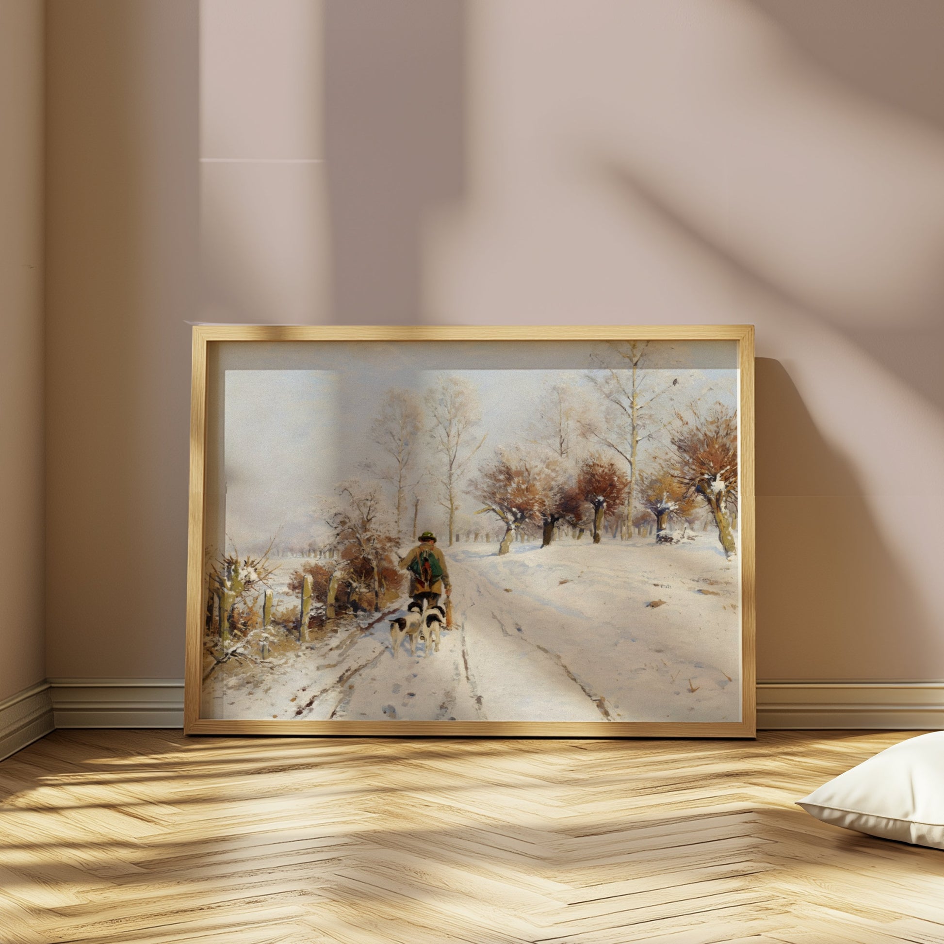 Premium Poster of Winter Landscape with Person and Dogs Posters