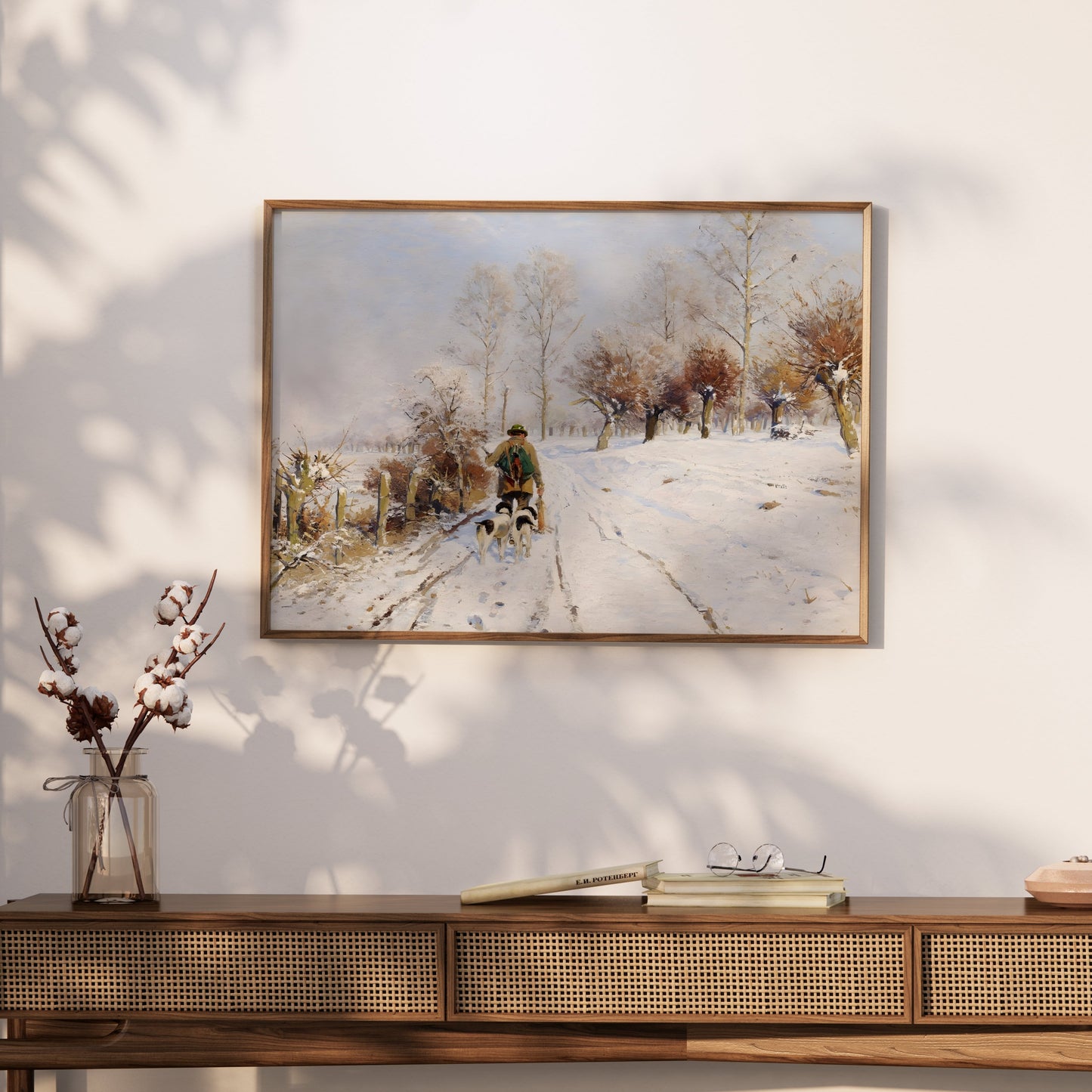 Premium Poster of Winter Landscape with Person and Dogs Posters