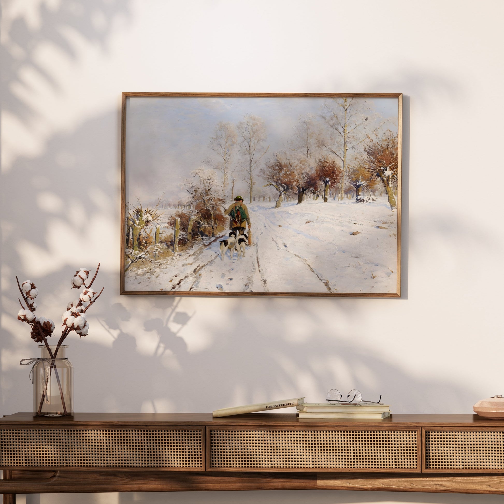 Premium Poster of Winter Landscape with Person and Dogs Posters