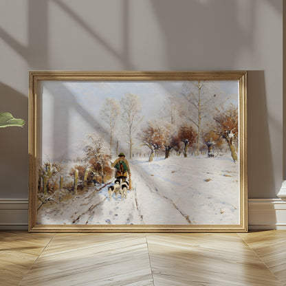 Premium Poster of Winter Landscape with Person and Dogs Posters