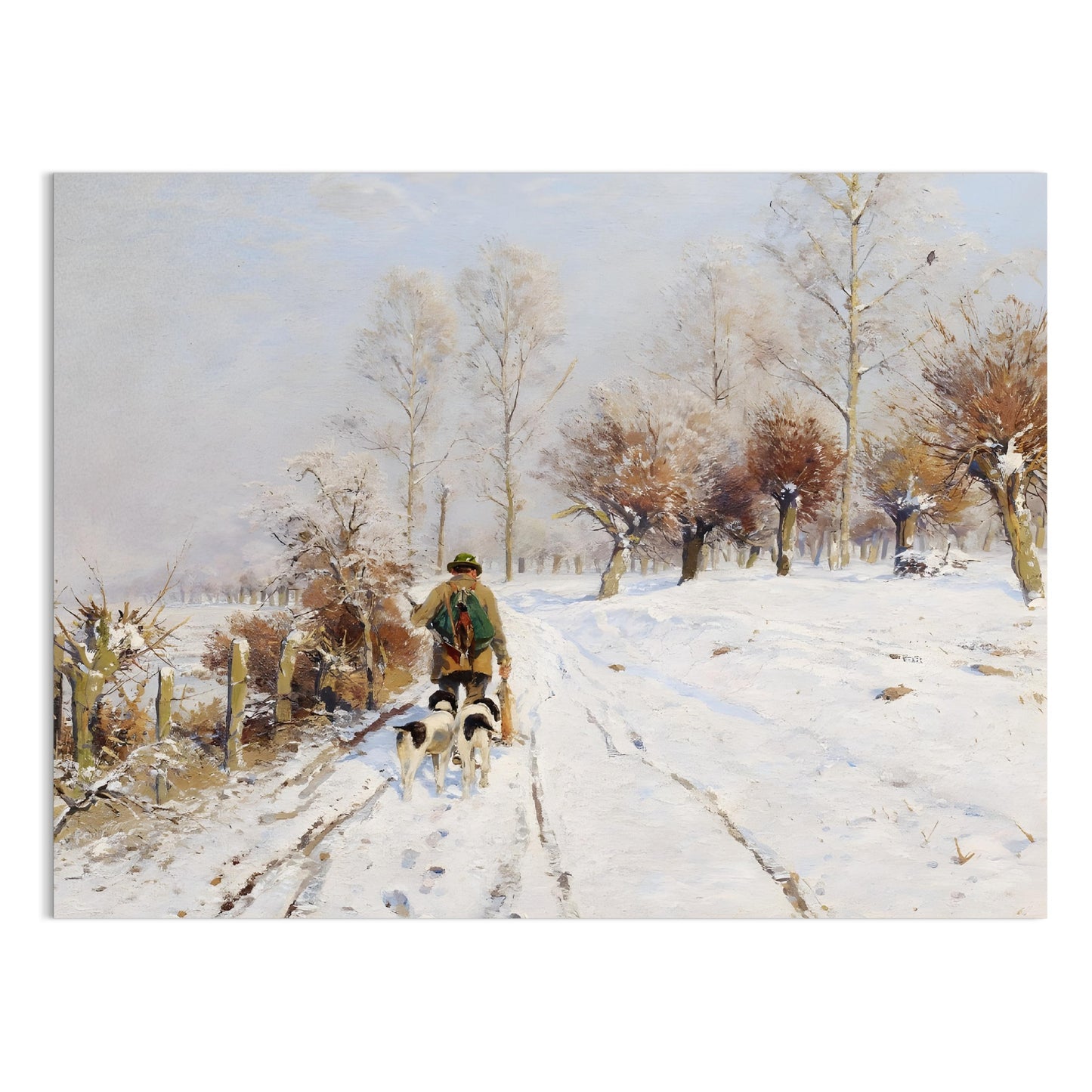 Premium Poster of Winter Landscape with Person and Dogs Posters