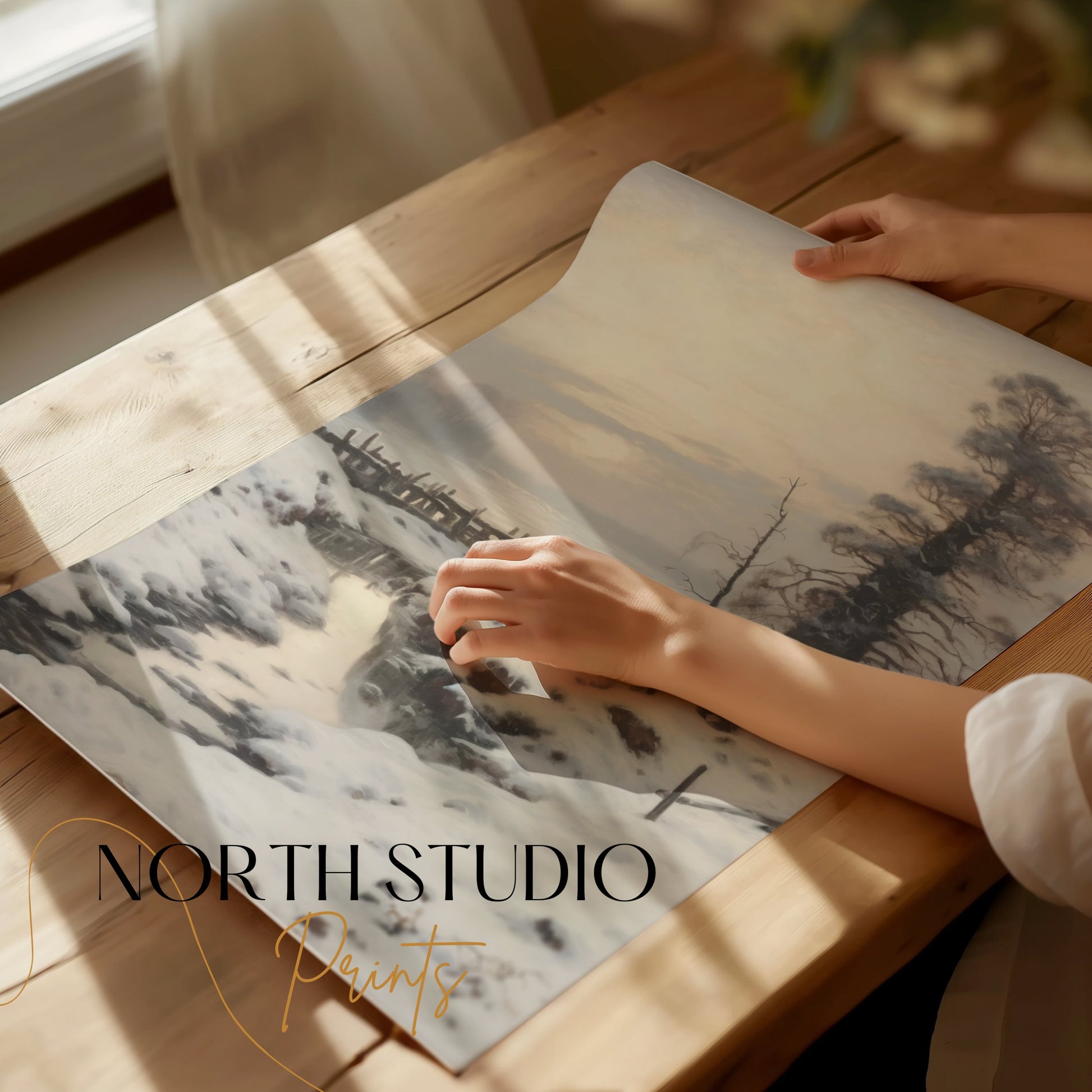 Premium Poster of Winter Landscape with Snow Covered Trees and Stream Posters