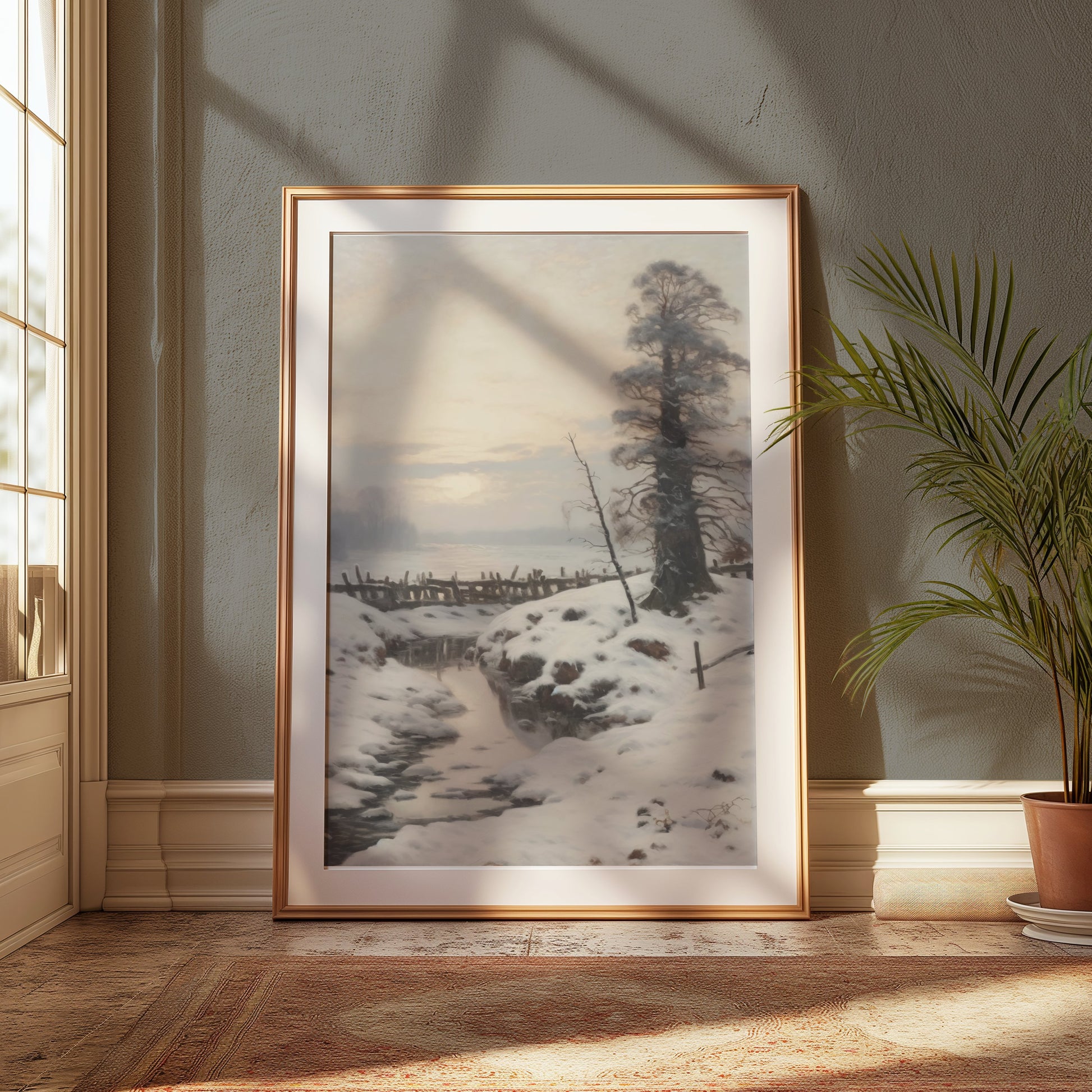 Premium Poster of Winter Landscape with Snow Covered Trees and Stream Posters