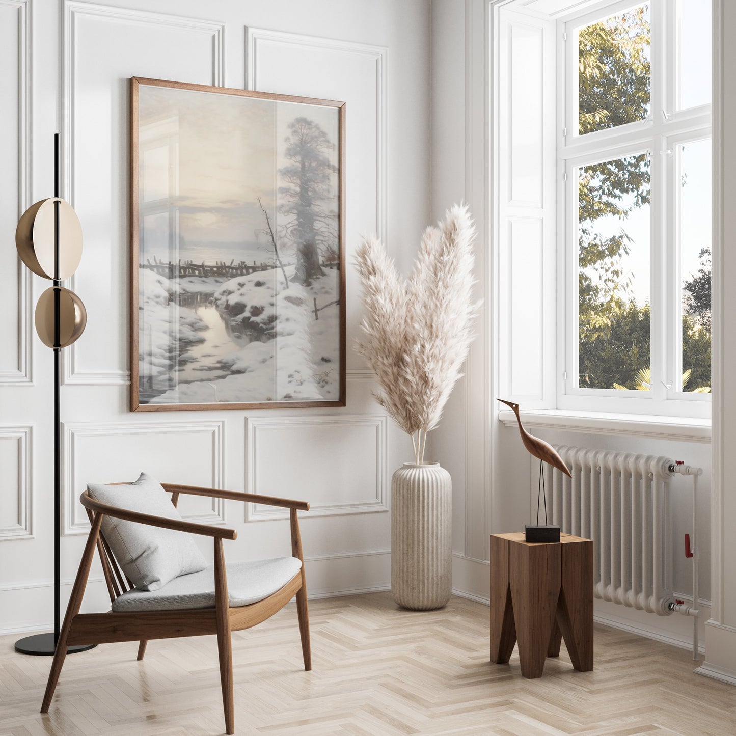 Premium Poster of Winter Landscape with Snow Covered Trees and Stream Posters