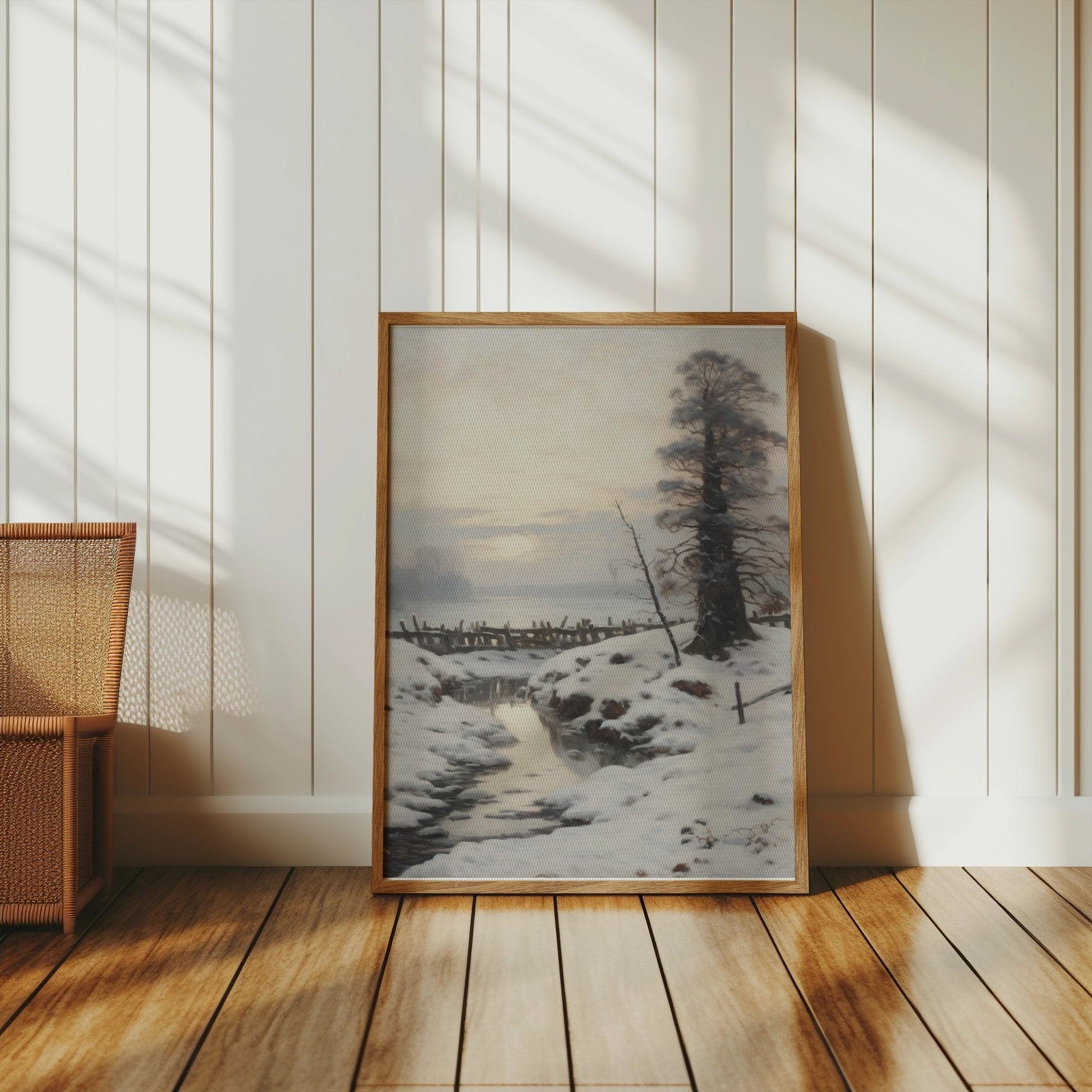 Premium Poster of Winter Landscape with Snow Covered Trees and Stream Posters