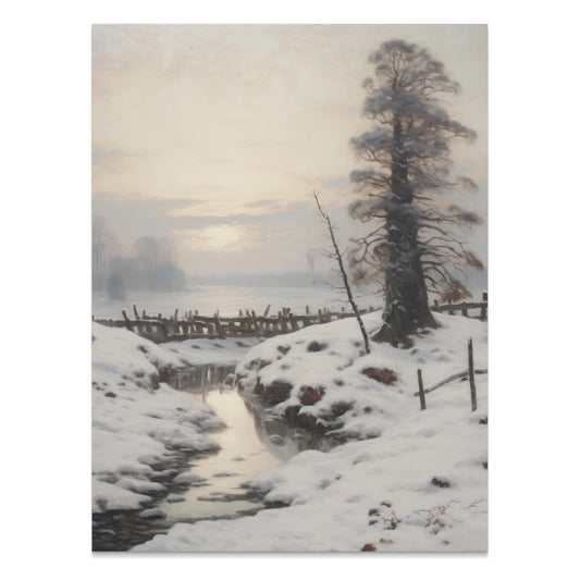 Premium Poster of Winter Landscape with Snow Covered Trees and Stream Posters