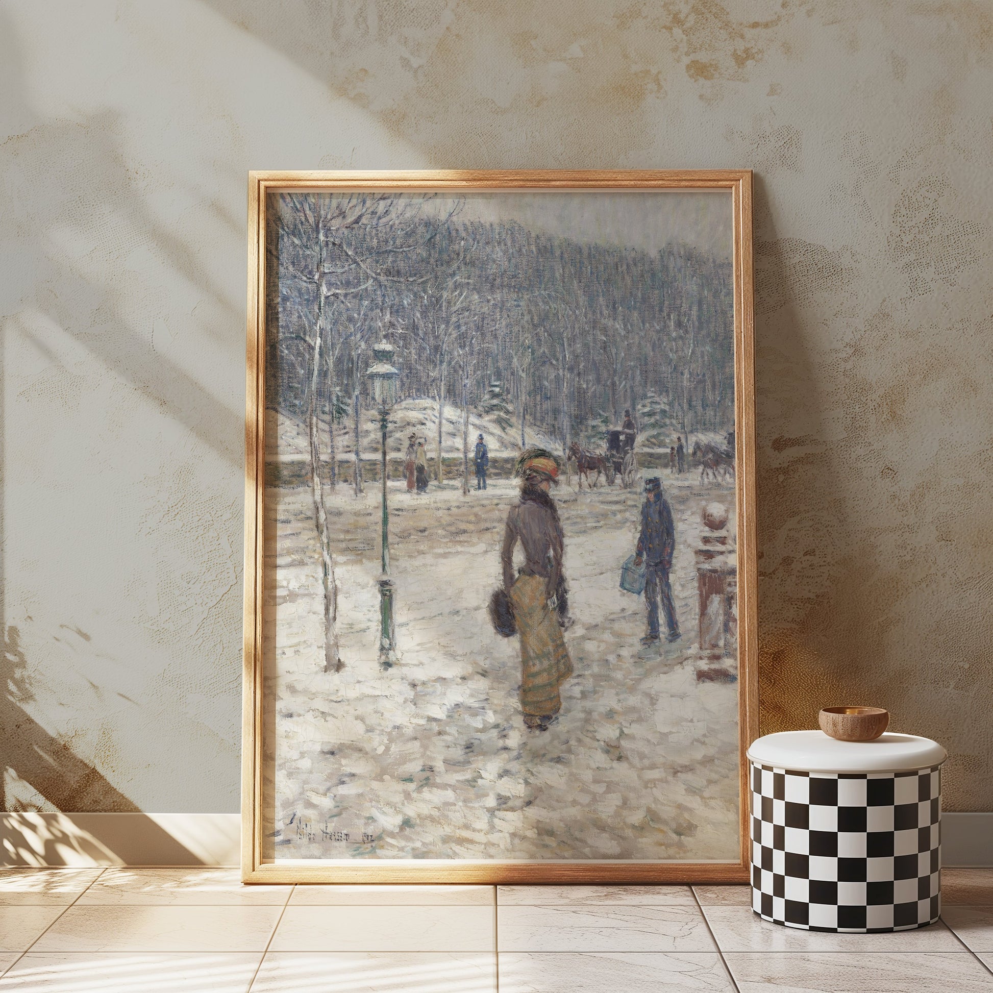 Premium Poster of Winter Street Scene with People and Snow Posters
