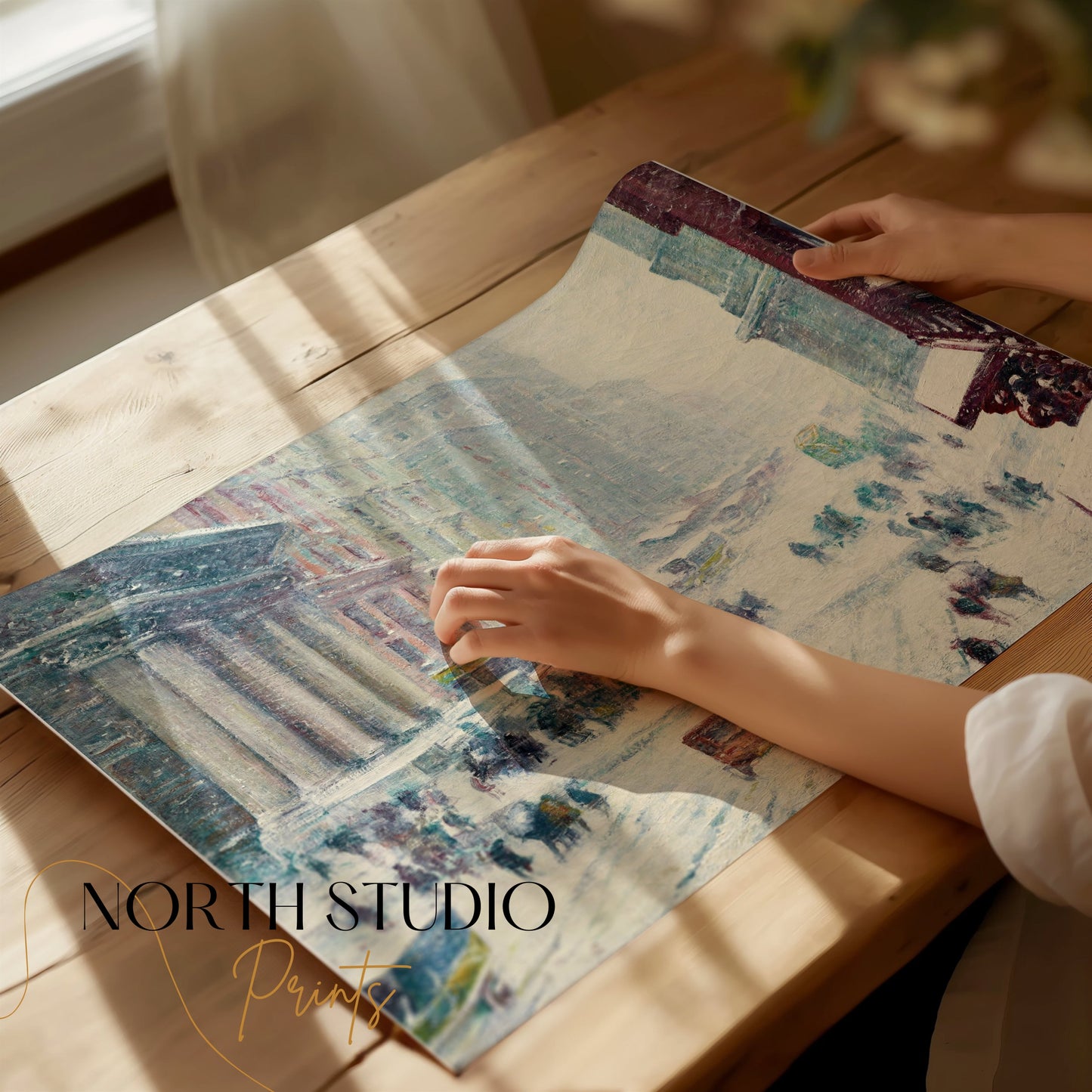 Premium Poster of Winter Street Scene with Snow and Busy Cityscape Posters
