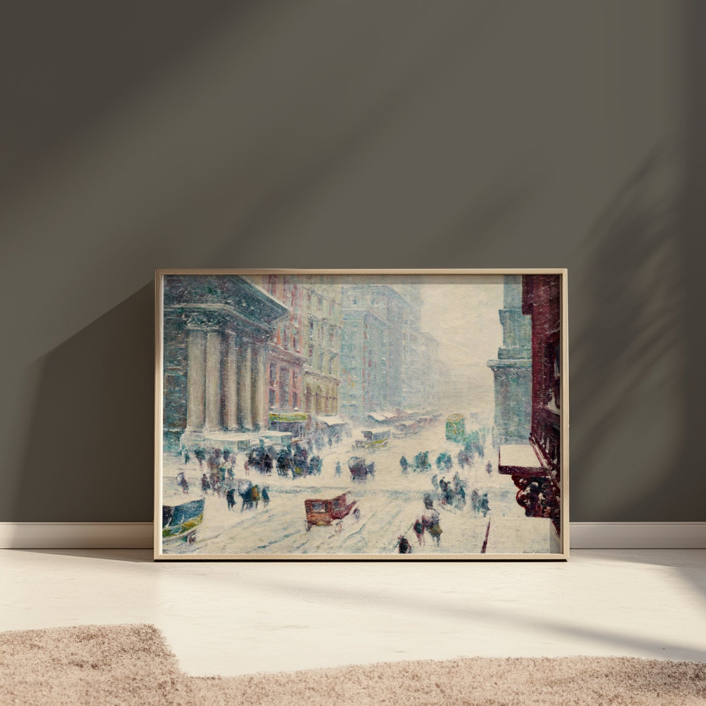Premium Poster of Winter Street Scene with Snow and Busy Cityscape Posters