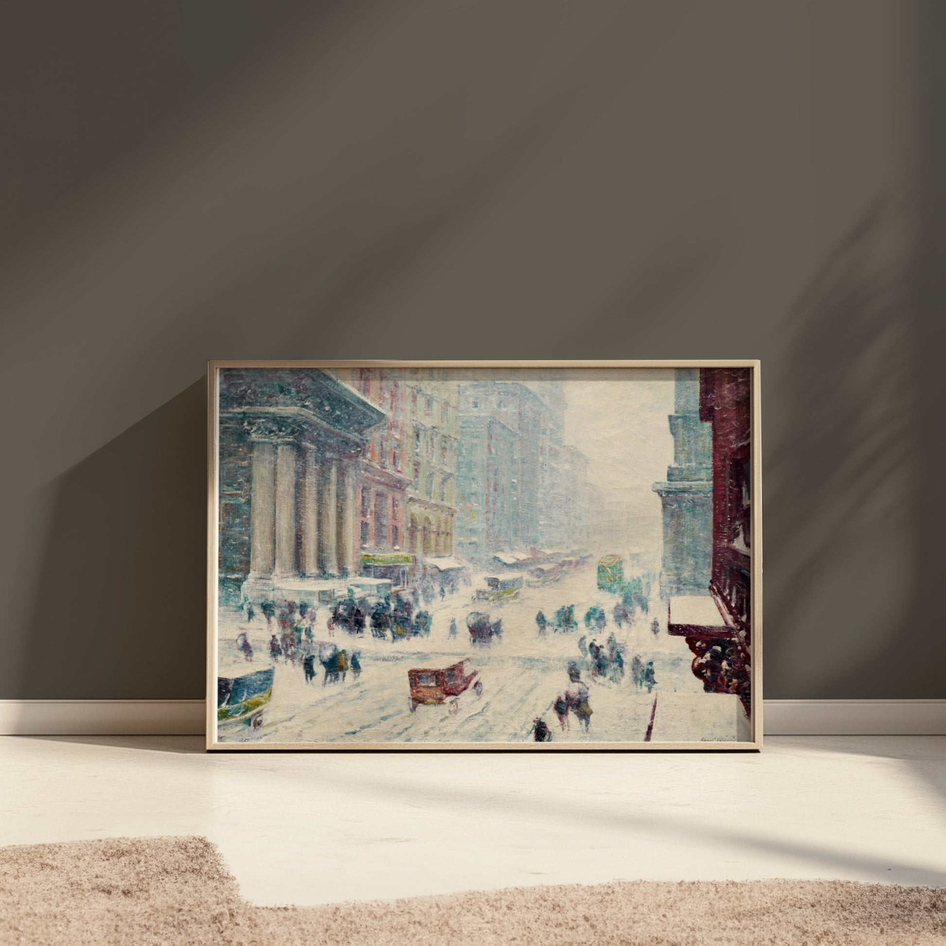 Premium Poster of Winter Street Scene with Snow and Busy Cityscape Posters