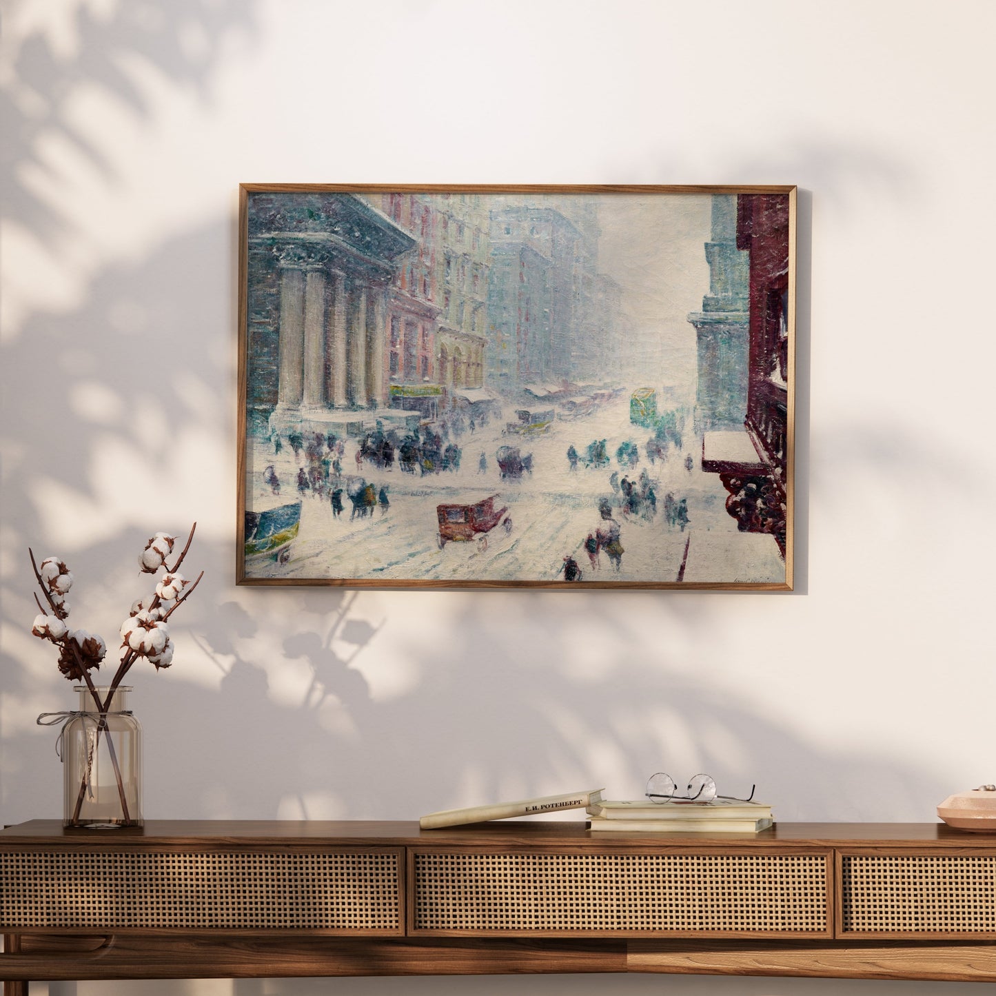 Premium Poster of Winter Street Scene with Snow and Busy Cityscape Posters