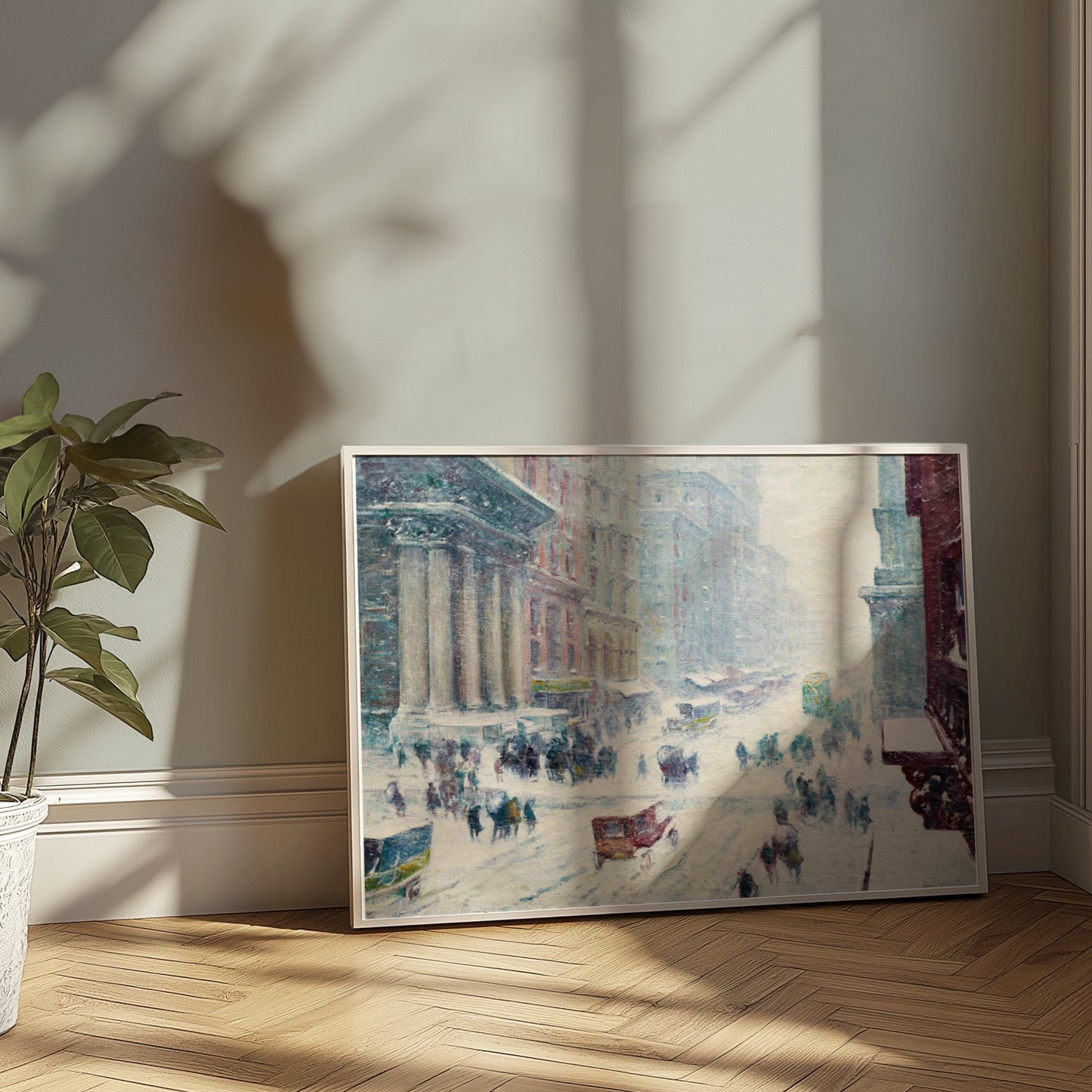 Premium Poster of Winter Street Scene with Snow and Busy Cityscape Posters