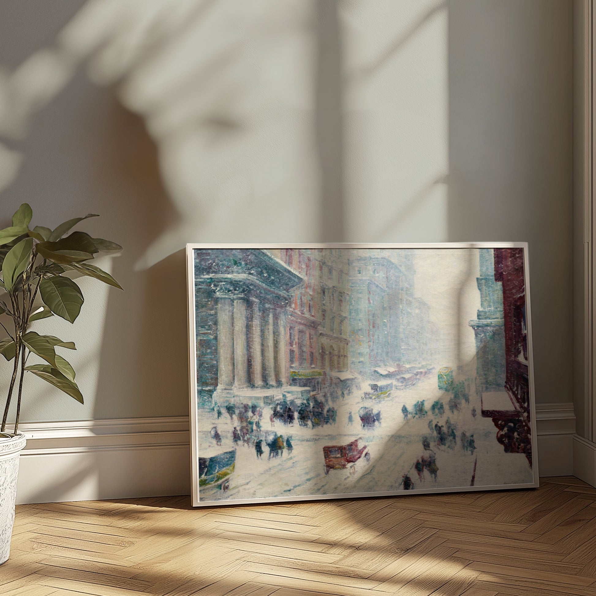 Premium Poster of Winter Street Scene with Snow and Busy Cityscape Posters