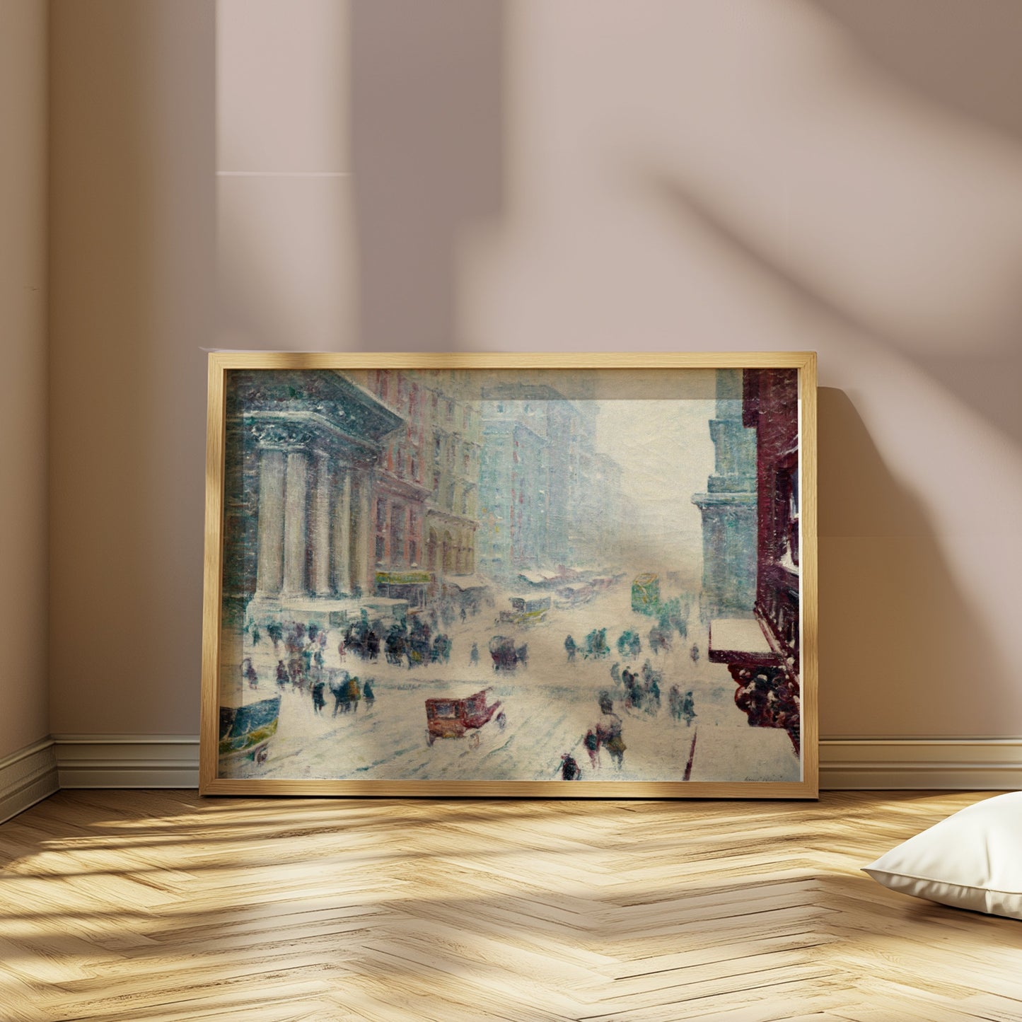 Premium Poster of Winter Street Scene with Snow and Busy Cityscape Posters