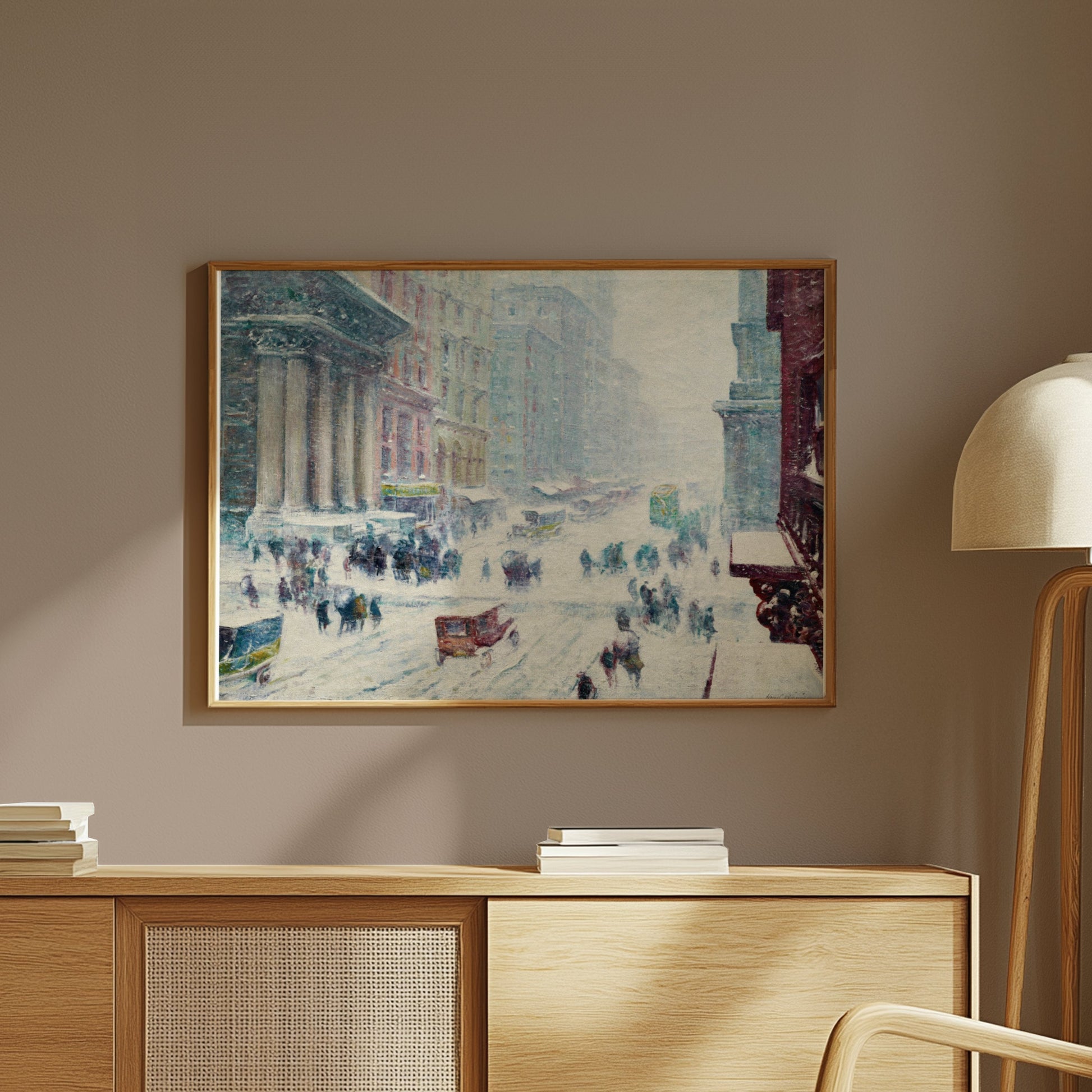 Premium Poster of Winter Street Scene with Snow and Busy Cityscape Posters