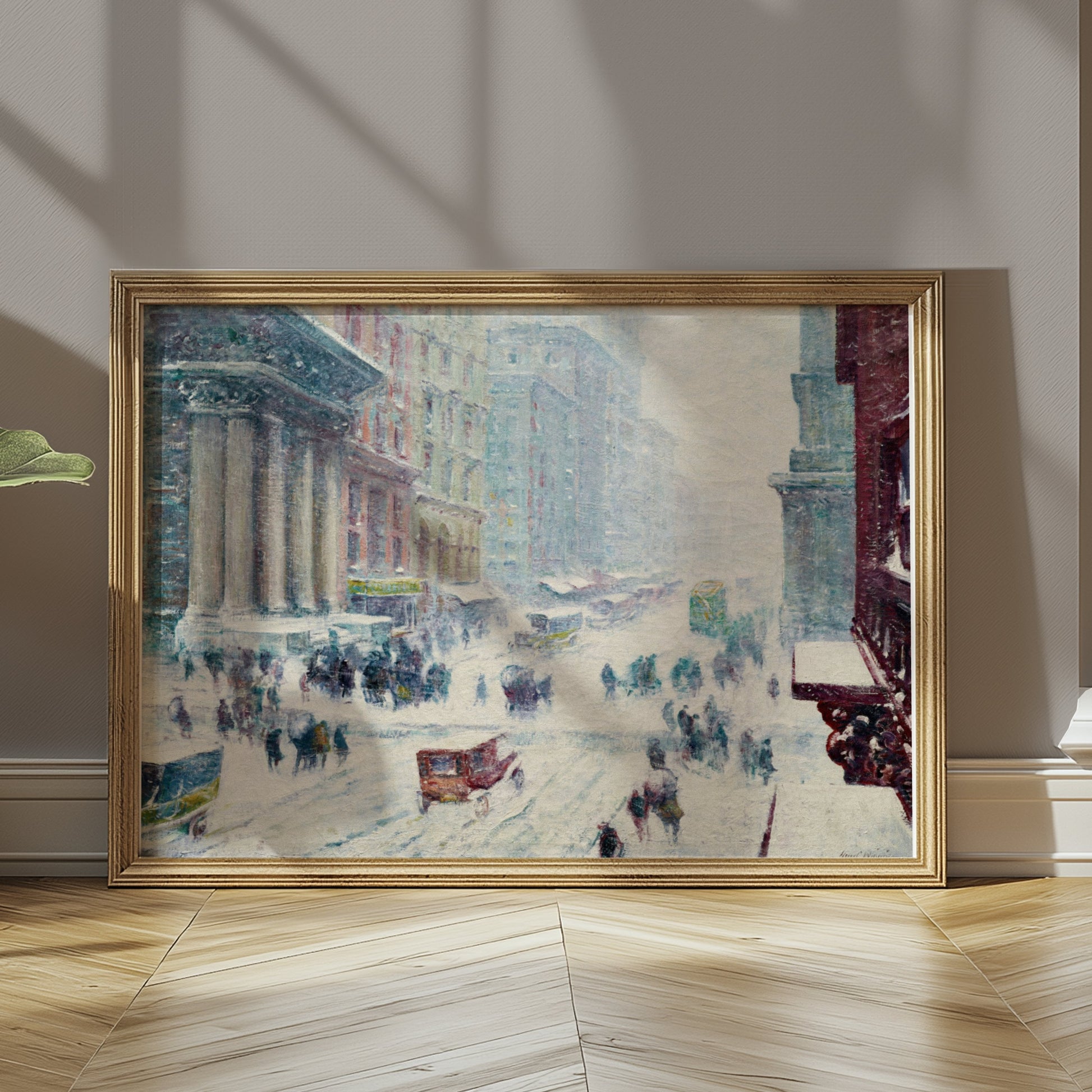Premium Poster of Winter Street Scene with Snow and Busy Cityscape Posters