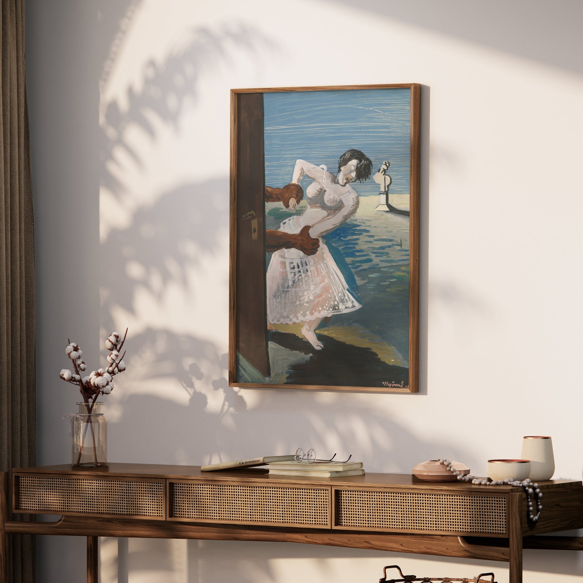 Premium Poster of Woman Being Pulled Through Doorway Art Style Posters