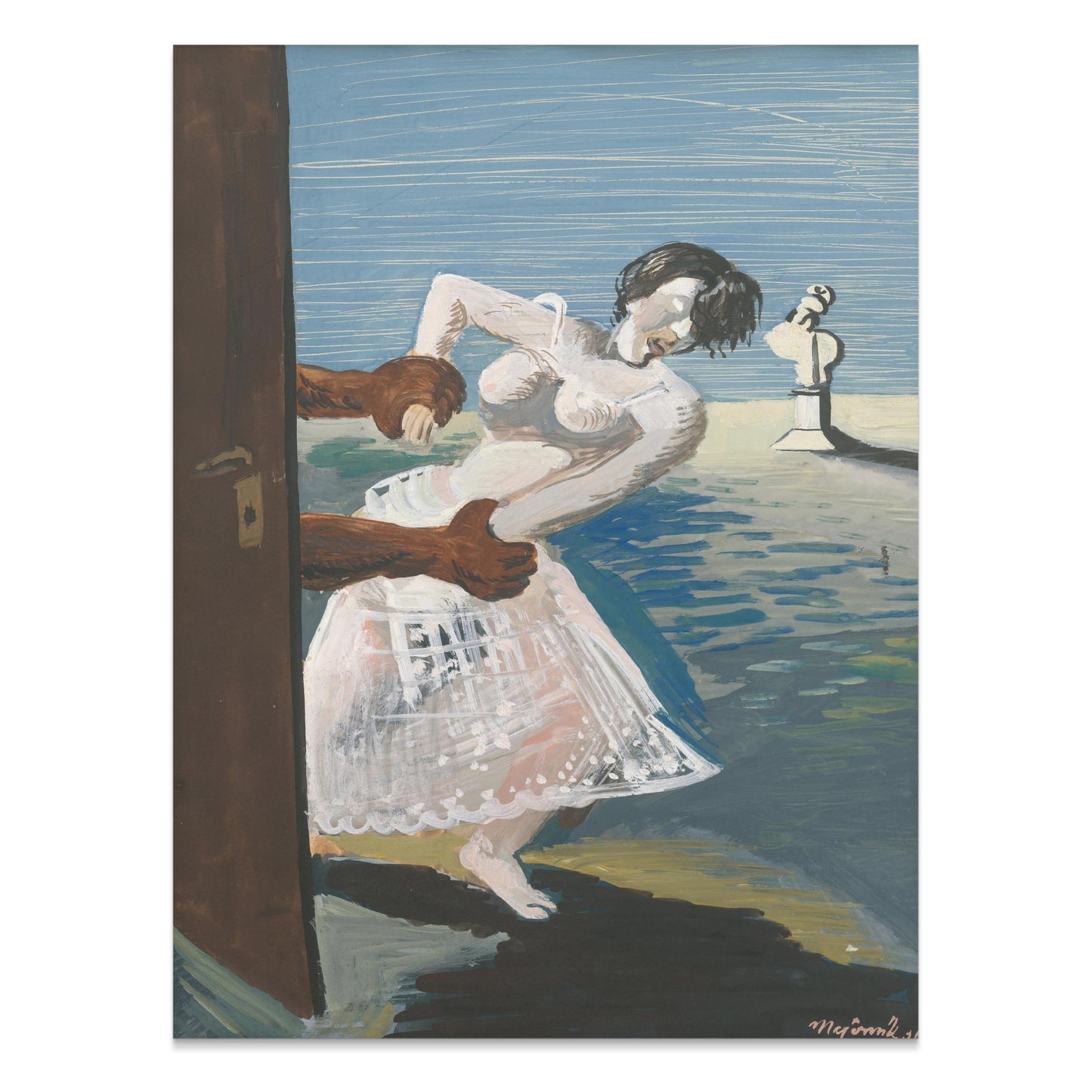 Premium Poster of Woman Being Pulled Through Doorway Art Style Posters