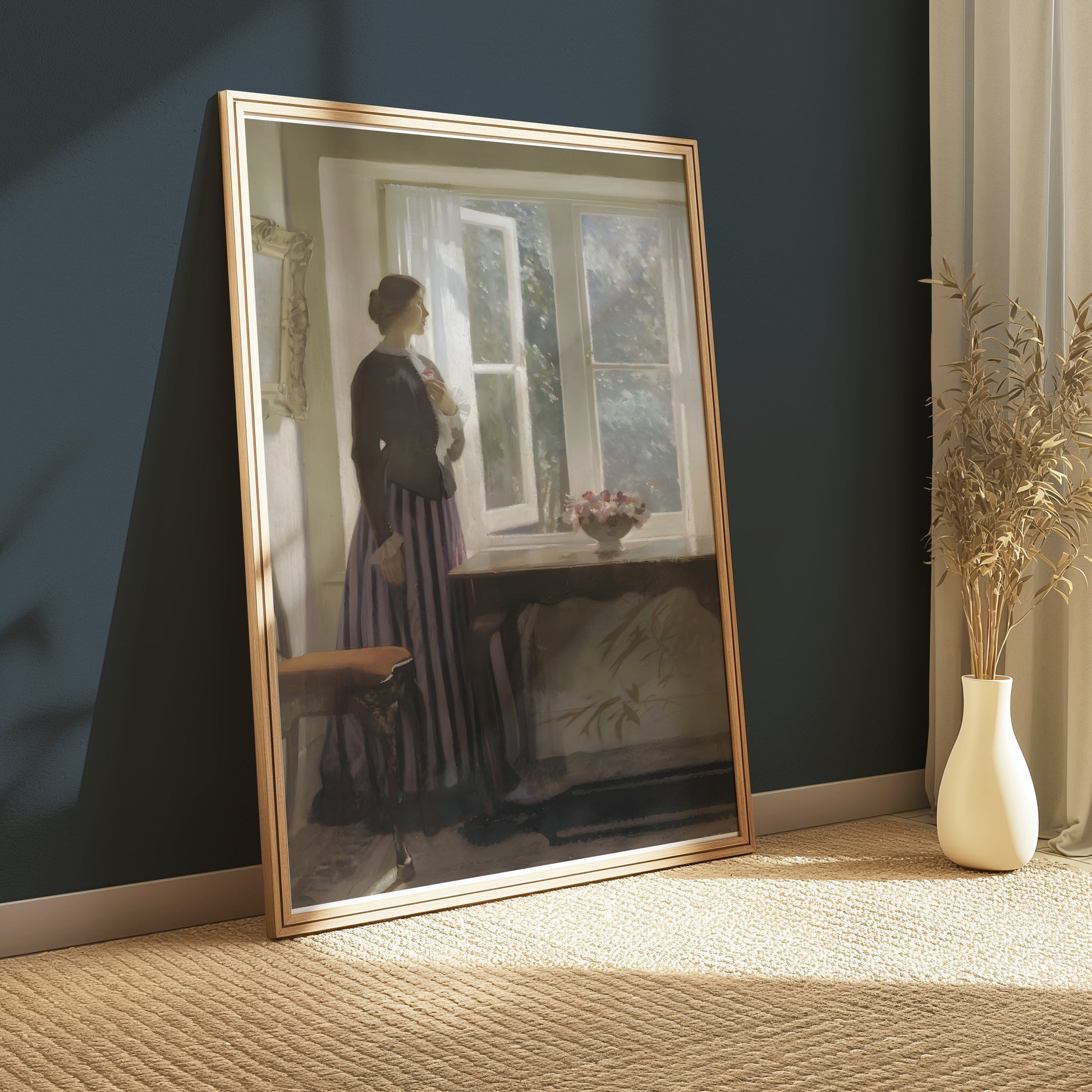 Premium Poster of Woman Looking Out Window with Flowers Posters