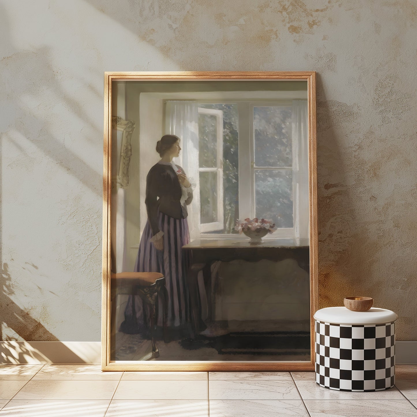 Premium Poster of Woman Looking Out Window with Flowers Posters