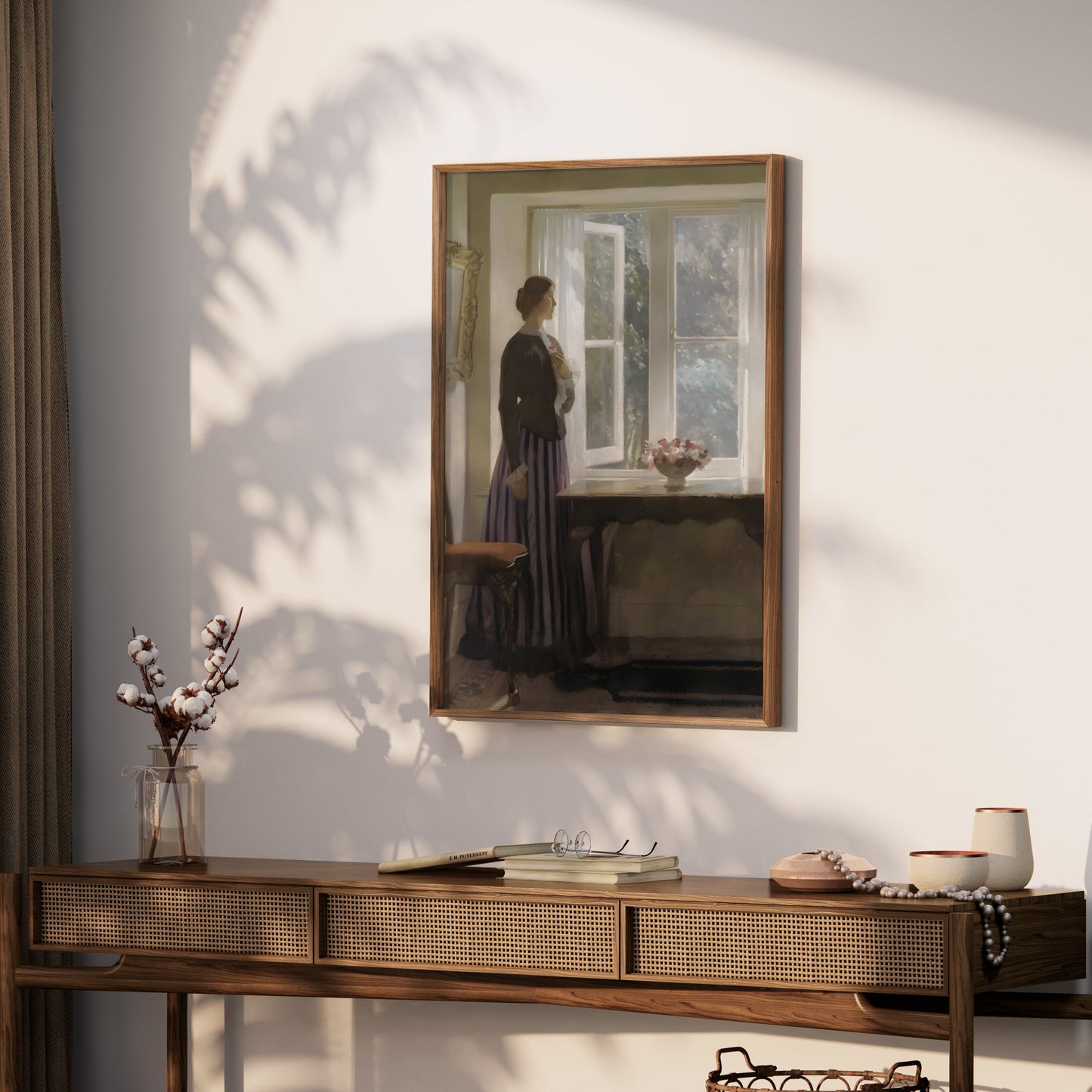 Premium Poster of Woman Looking Out Window with Flowers Posters