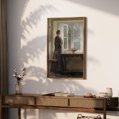 Premium Poster of Woman Looking Out Window with Flowers Posters