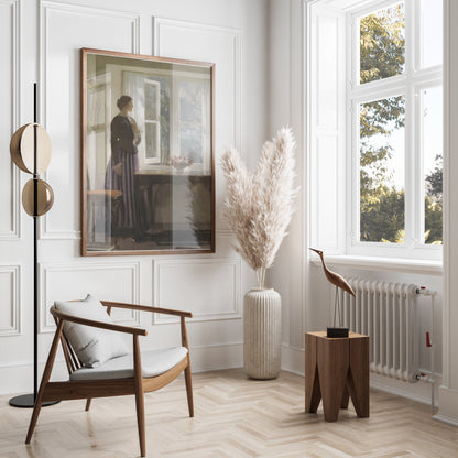 Premium Poster of Woman Looking Out Window with Flowers Posters