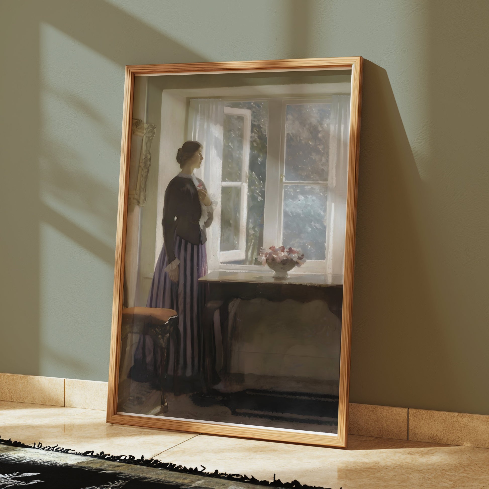 Premium Poster of Woman Looking Out Window with Flowers Posters