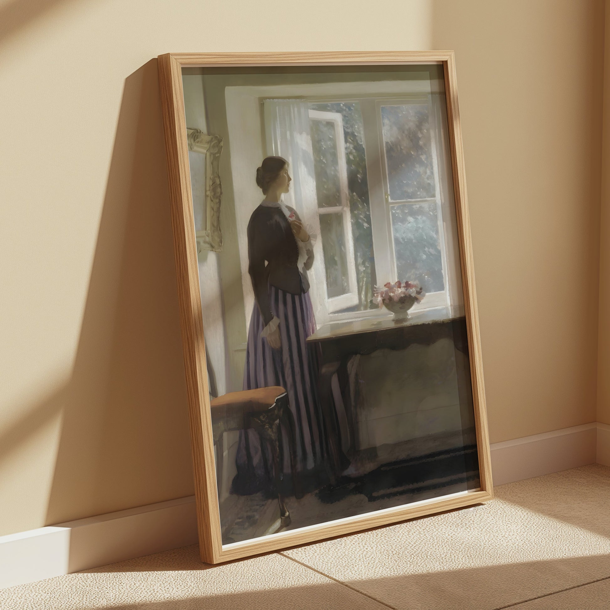 Premium Poster of Woman Looking Out Window with Flowers Posters