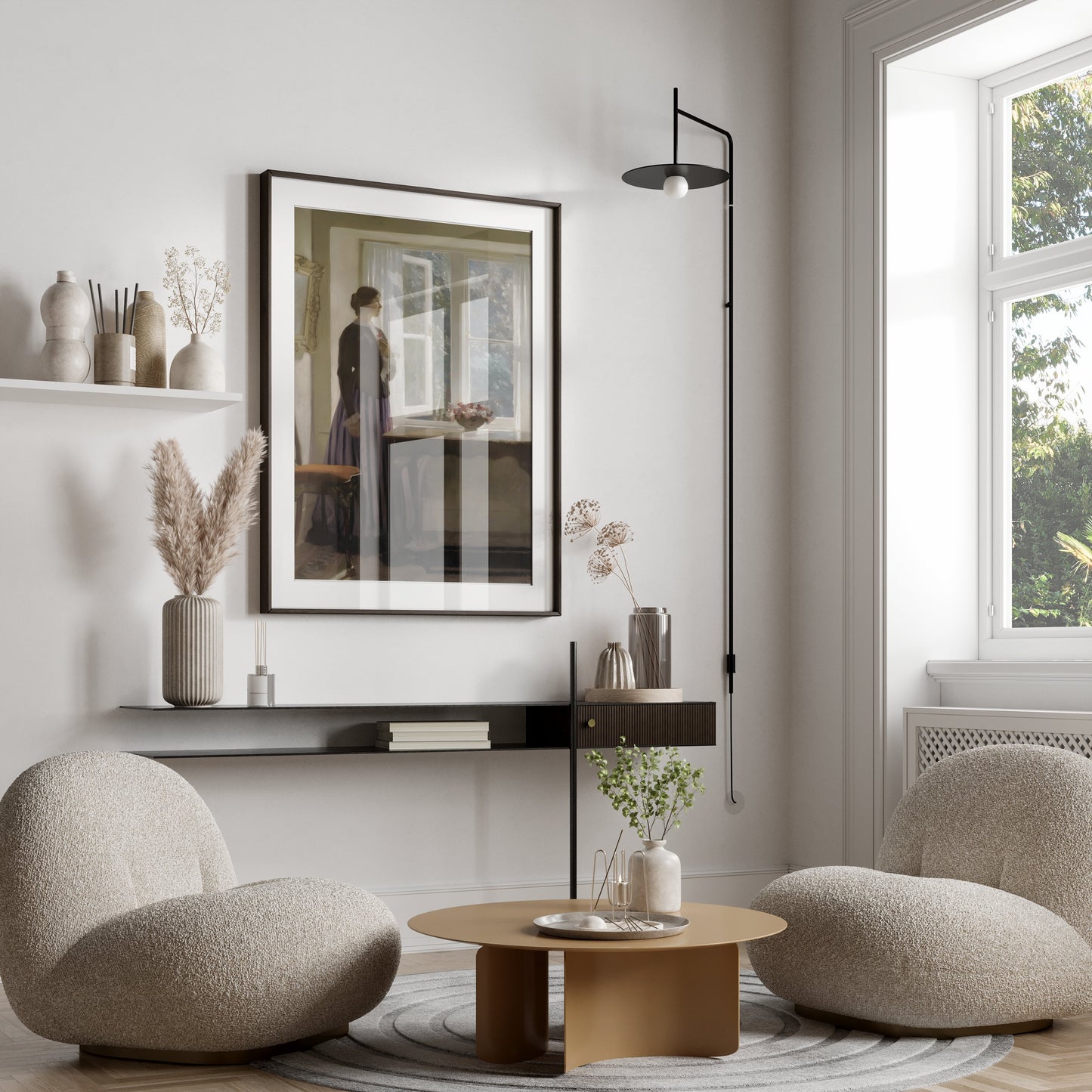 Premium Poster of Woman Looking Out Window with Flowers Posters