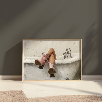 Premium Poster of Woman Relaxing in Bathtub with Cowboy Boots Posters