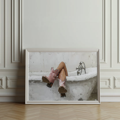 Premium Poster of Woman Relaxing in Bathtub with Cowboy Boots Posters