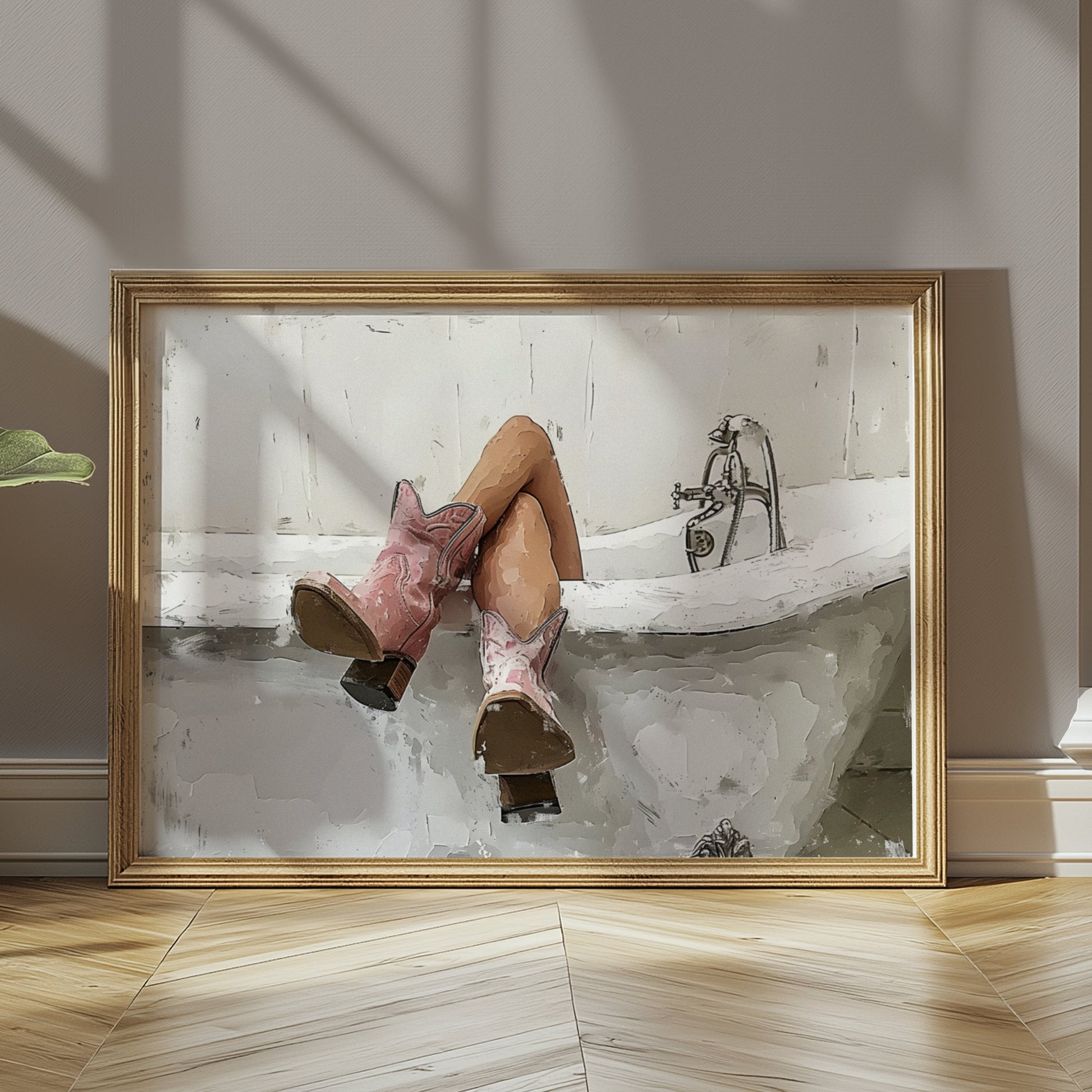 Premium Poster of Woman Relaxing in Bathtub with Cowboy Boots Posters