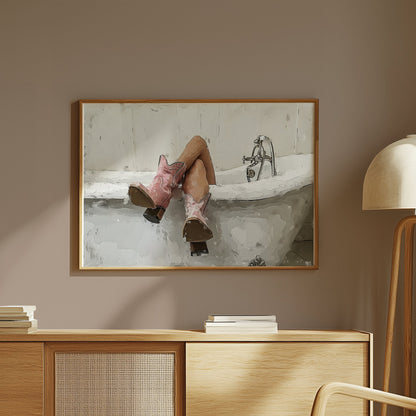 Premium Poster of Woman Relaxing in Bathtub with Cowboy Boots Posters