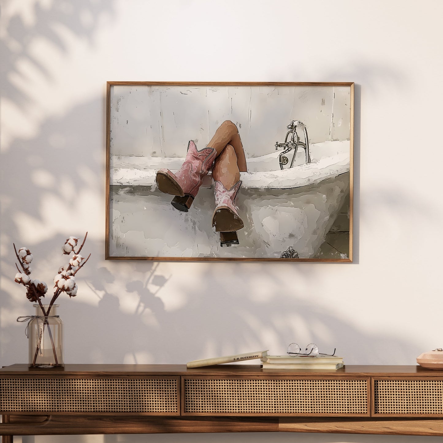 Premium Poster of Woman Relaxing in Bathtub with Cowboy Boots Posters