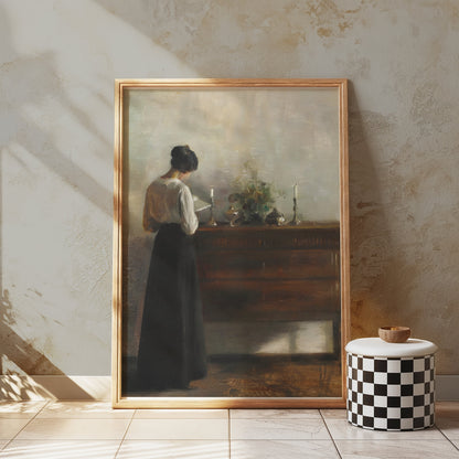 Premium Poster of Woman Standing Beside Wooden Table Art Print Posters