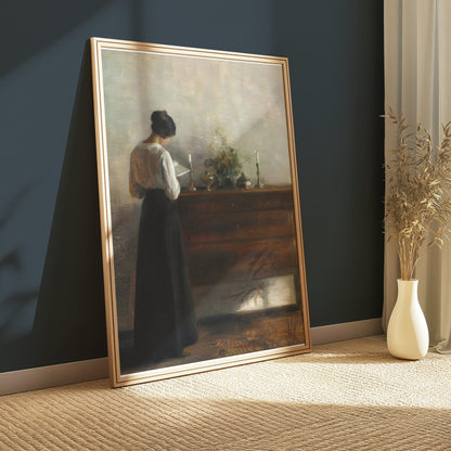Premium Poster of Woman Standing Beside Wooden Table Art Print Posters
