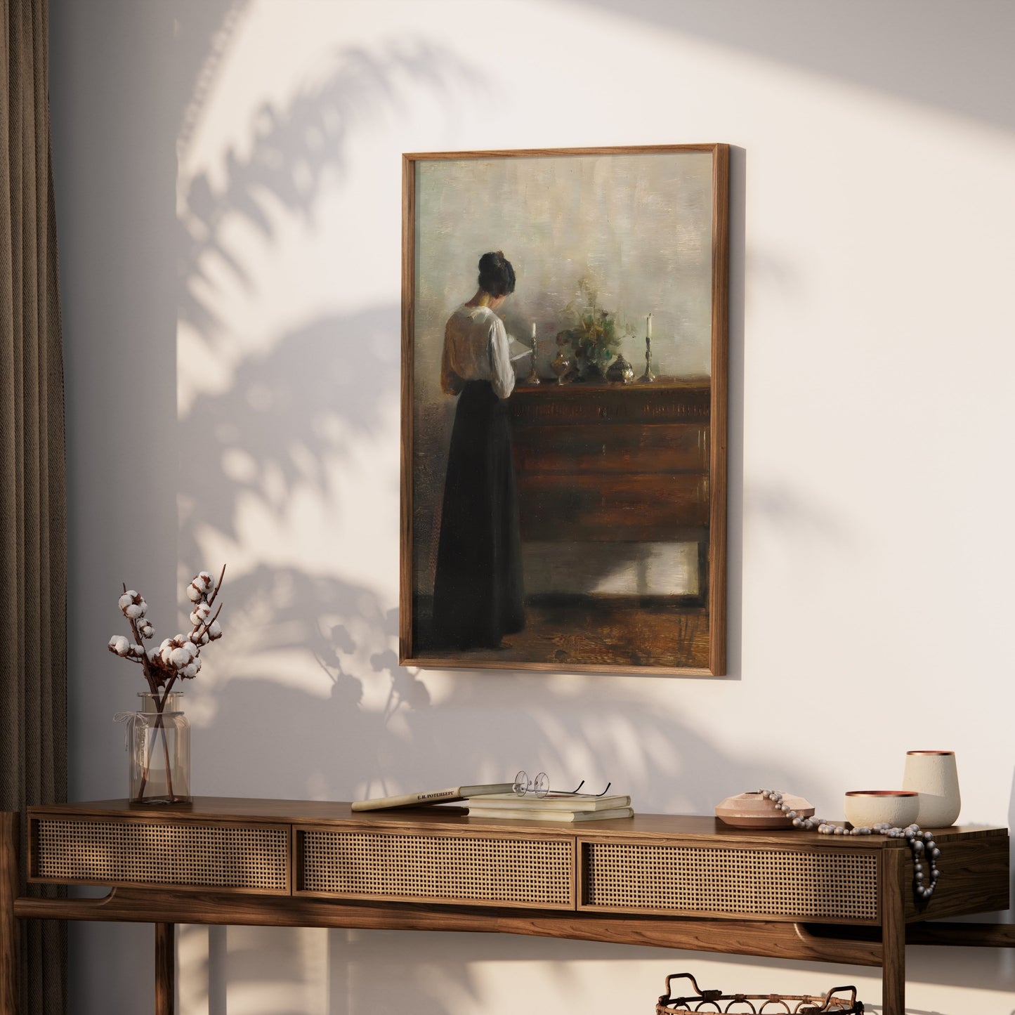 Premium Poster of Woman Standing Beside Wooden Table Art Print Posters