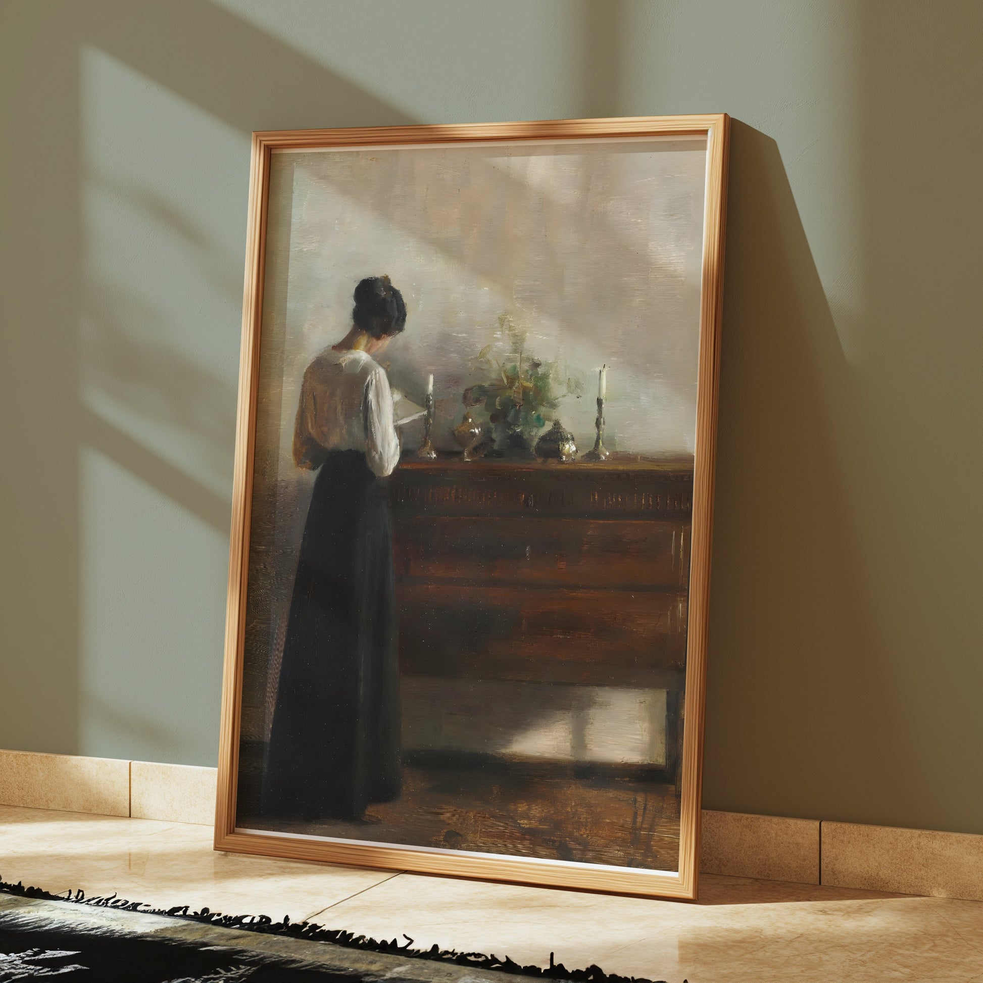 Premium Poster of Woman Standing Beside Wooden Table Art Print Posters