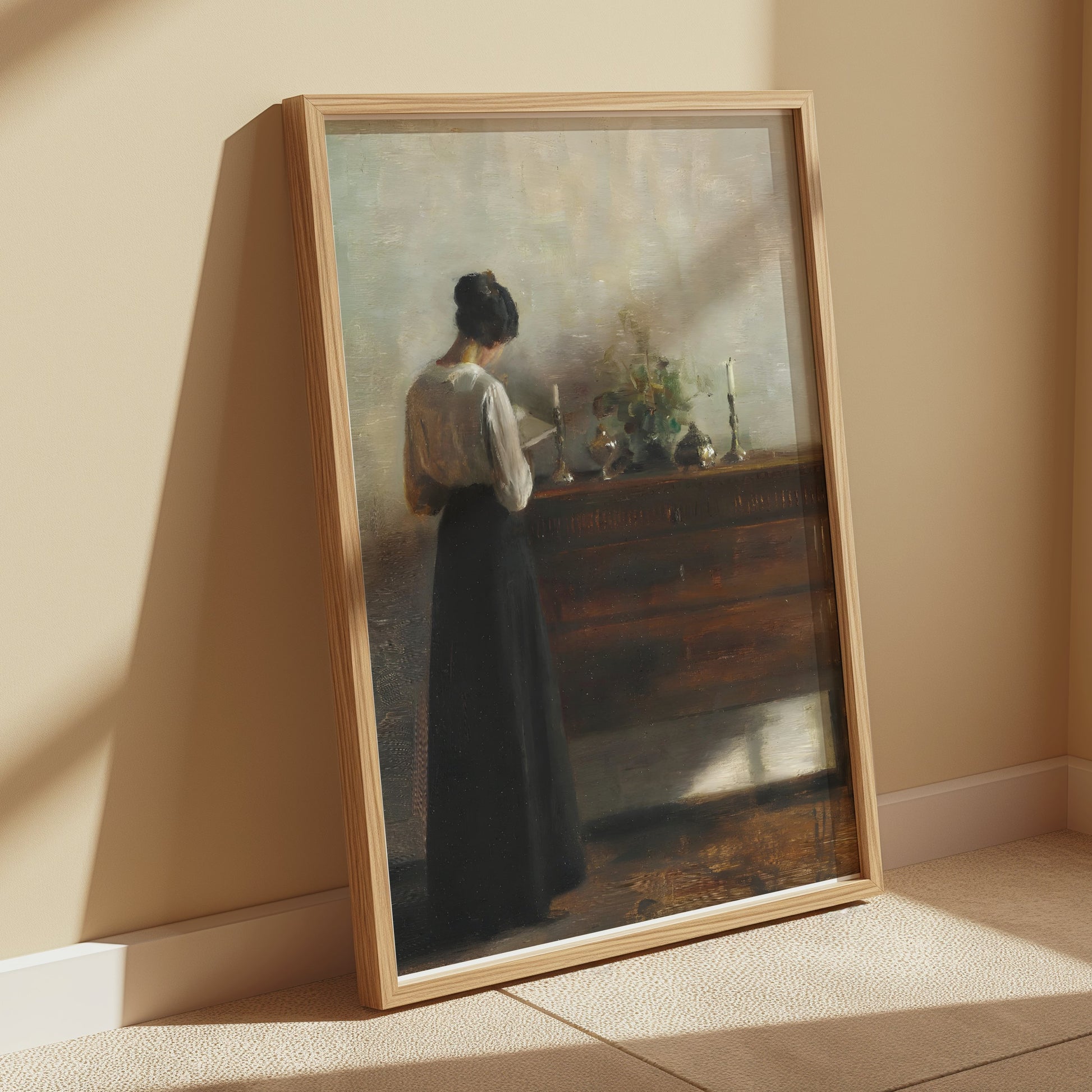 Premium Poster of Woman Standing Beside Wooden Table Art Print Posters
