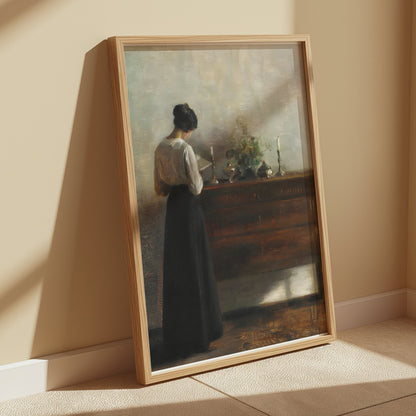 Premium Poster of Woman Standing Beside Wooden Table Art Print Posters