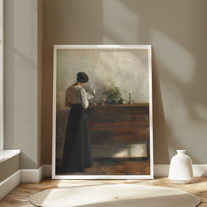Premium Poster of Woman Standing Beside Wooden Table Art Print Posters