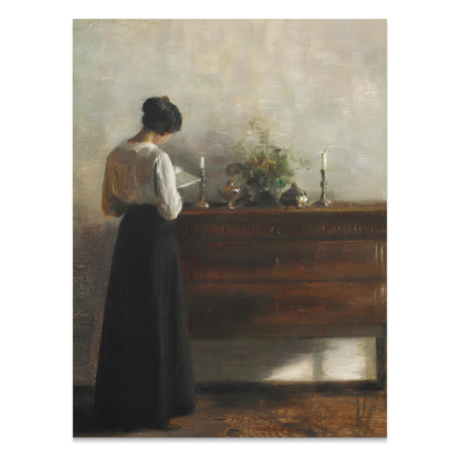 Premium Poster of Woman Standing Beside Wooden Table Art Print Posters