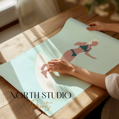 Premium Poster of Woman Surfing Light Blue Posters