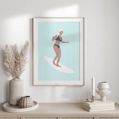 Premium Poster of Woman Surfing Light Blue Posters