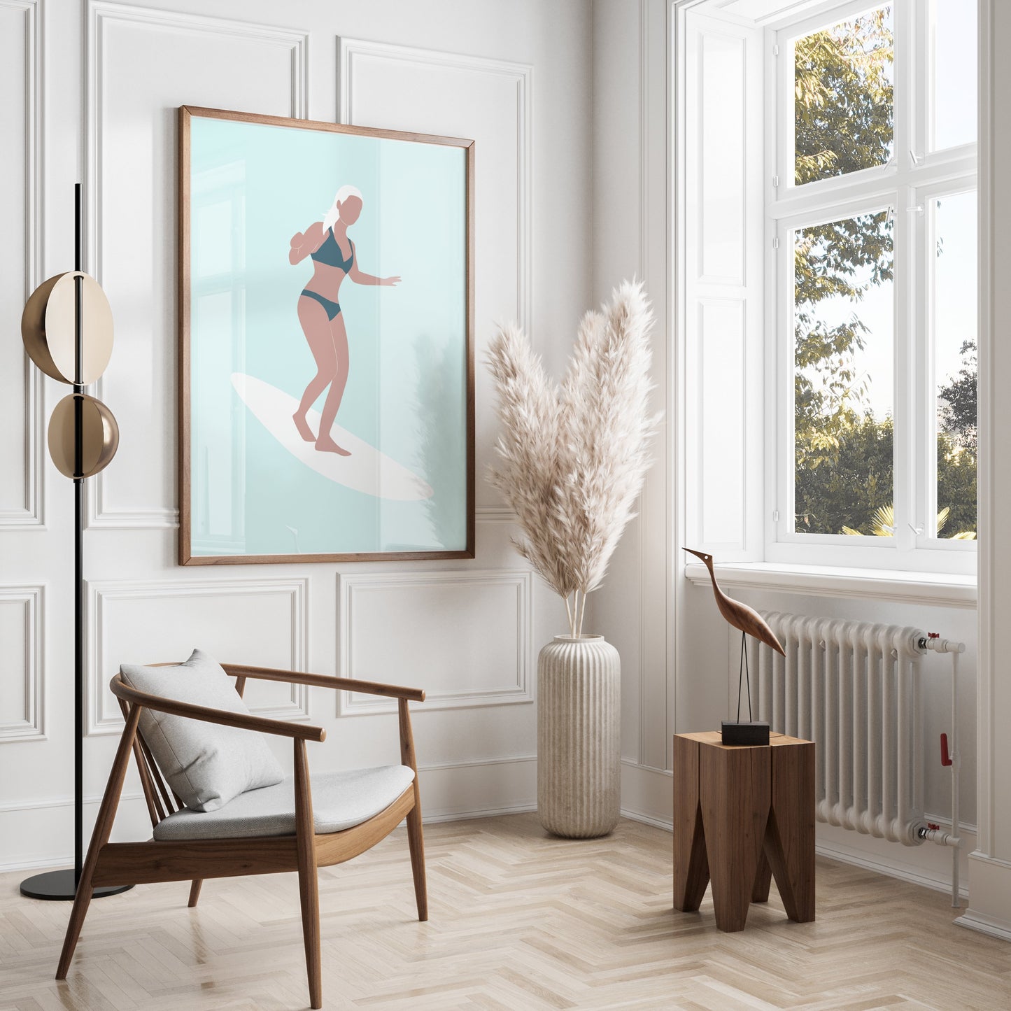 Premium Poster of Woman Surfing Light Blue Posters